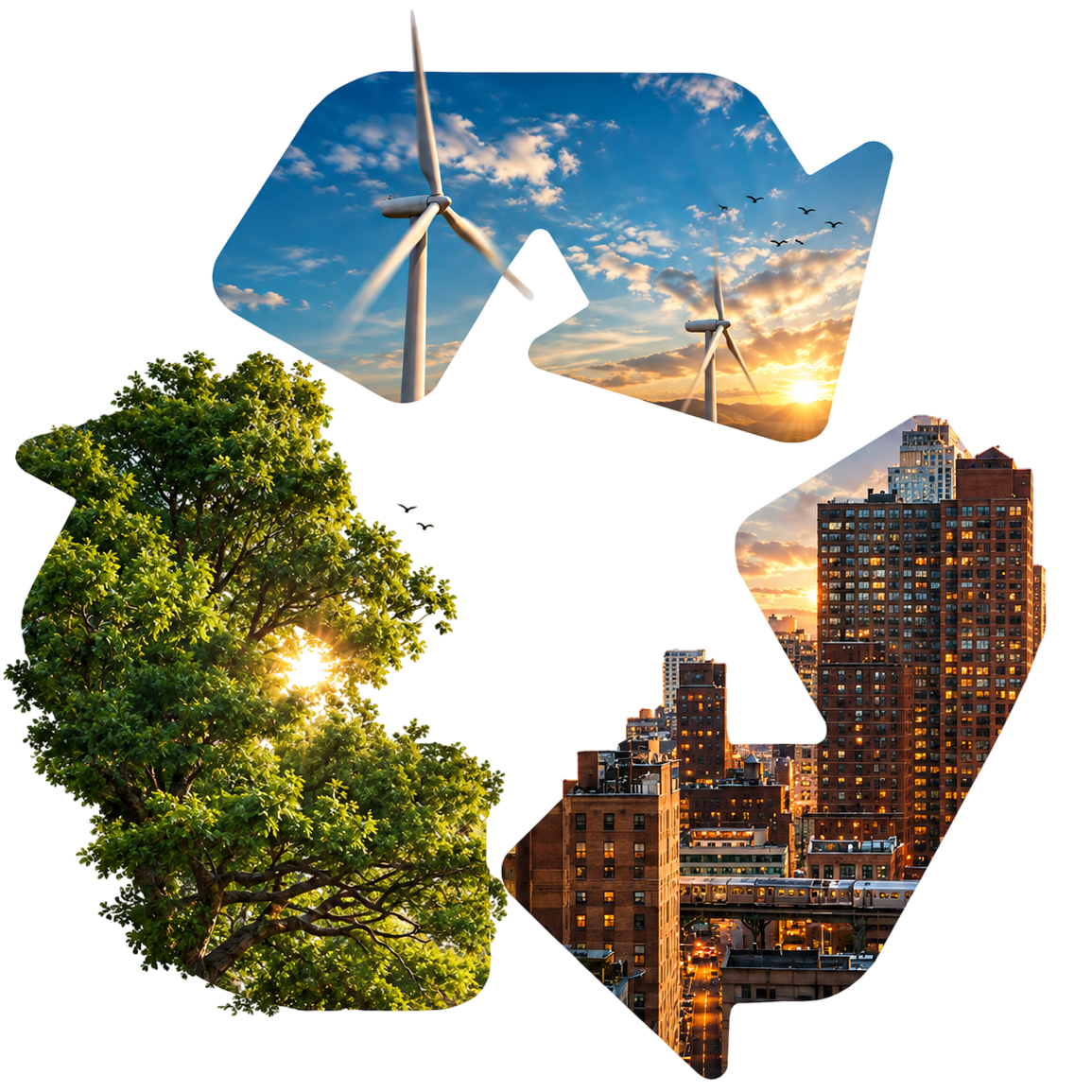 Sustainability represented through renewable energy, nature, and urban development